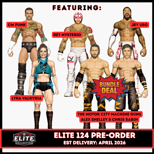 ***PRE-ORDER*** Elite 124 - Set of 6 (Alex Shelley, Chris Sabin, CM Punk, Jey Uso, Lyra Valkyria & Rey Mysterio)