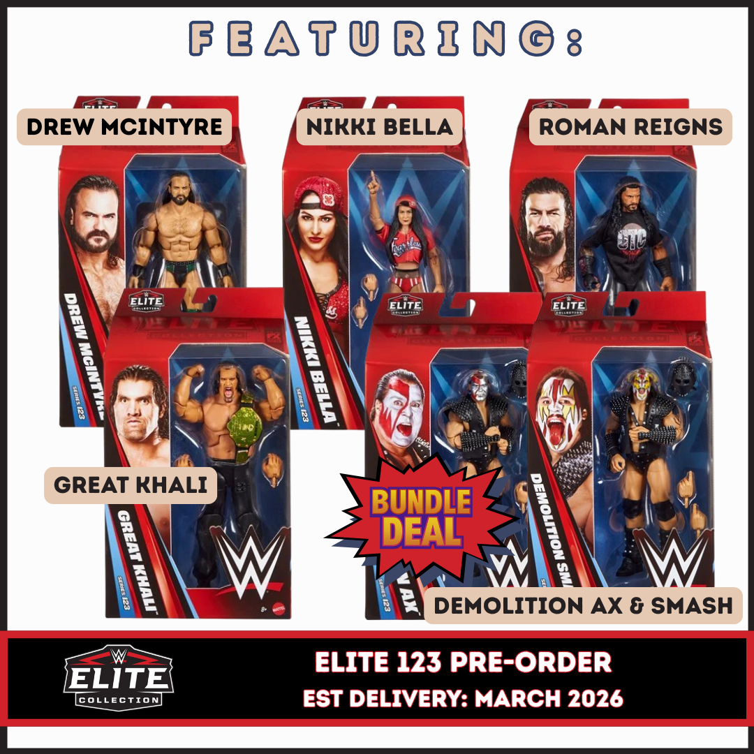 ***PRE-ORDER*** Elite 123 - Set of 6 (Demolition Ax, Demolition Smash, Drew McIntyre, Great Khali, Nikki Bella, & Roman Reigns)