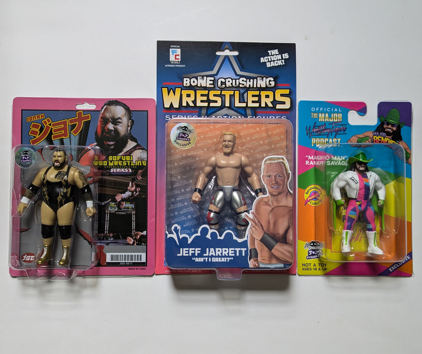 J+J EXCLUSIVE STARTER PACK - BUNDLE OF 3 EXCLUSIVES (FC BCW 2 Jeff Jarrett Red, Junk Shop Dog Sofubi 3 Jonah Battle Royal, & Major Bendies Macho Man Randy Savage)