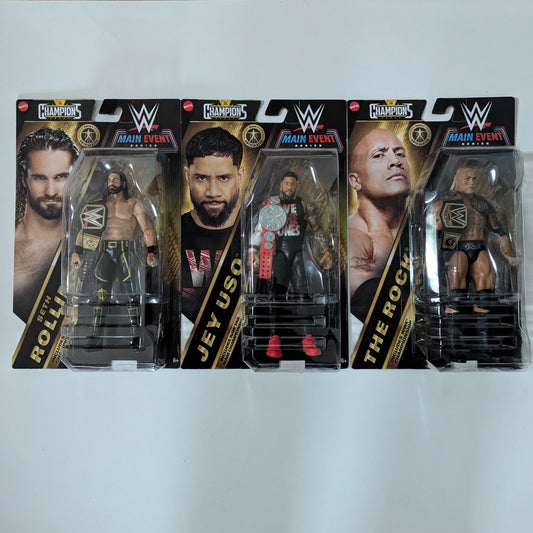 Main Event Champions Wave 5 - Set of 3 (Jey Uso, The Rock & Seth Rollins)