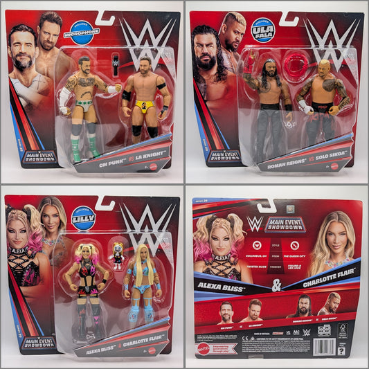 ***BACK-ORDER*** Main Event Showdown 29 - Set of 3 (Charlotte Flair & Alexa Bliss, CM Punk vs. LA Knight, & Roman Reigns vs. Solo Sikoa)