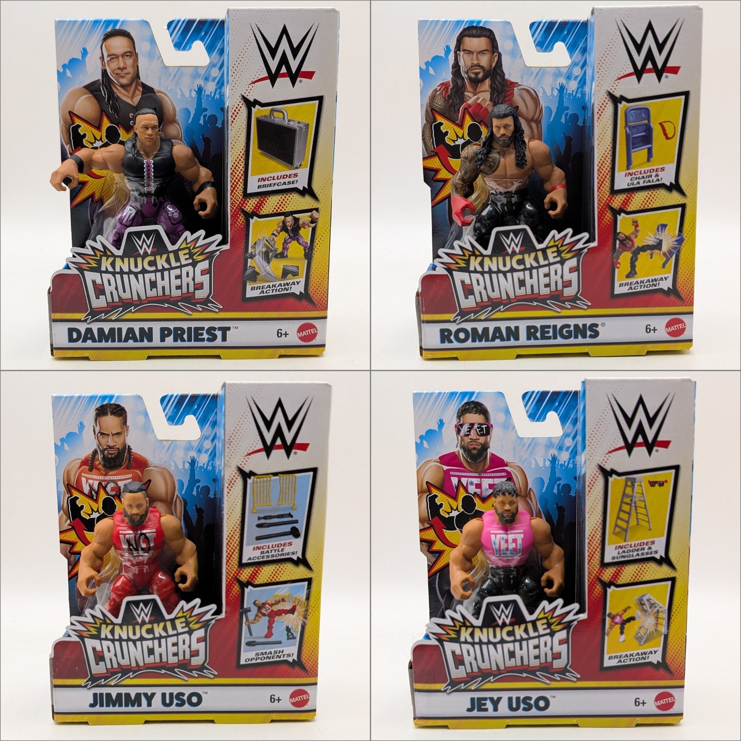 Mattel WWE Knuckle Crunchers 9 - Set of 4 (Damian Priest, Jey Uso, Jimmy Uso & Roman Reigns)